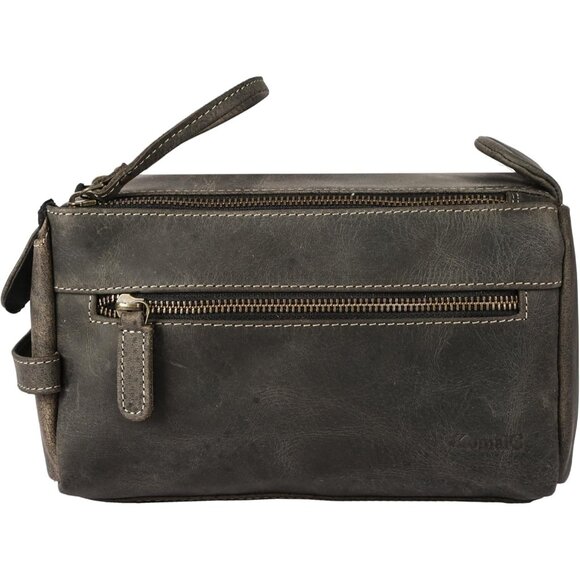 Unisex Charcoal Black Premium Buffalo Leather Toiletry Bag Travel Shaving kit - Picture 2 of 9